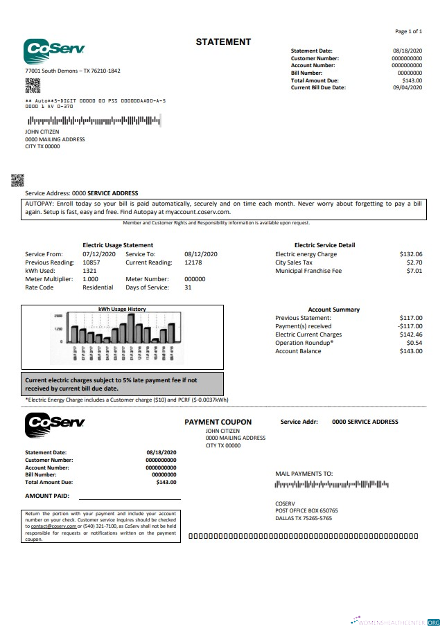 download download USA Texas CoServ utility bill template in Word and PDF format PDF template PDF template
